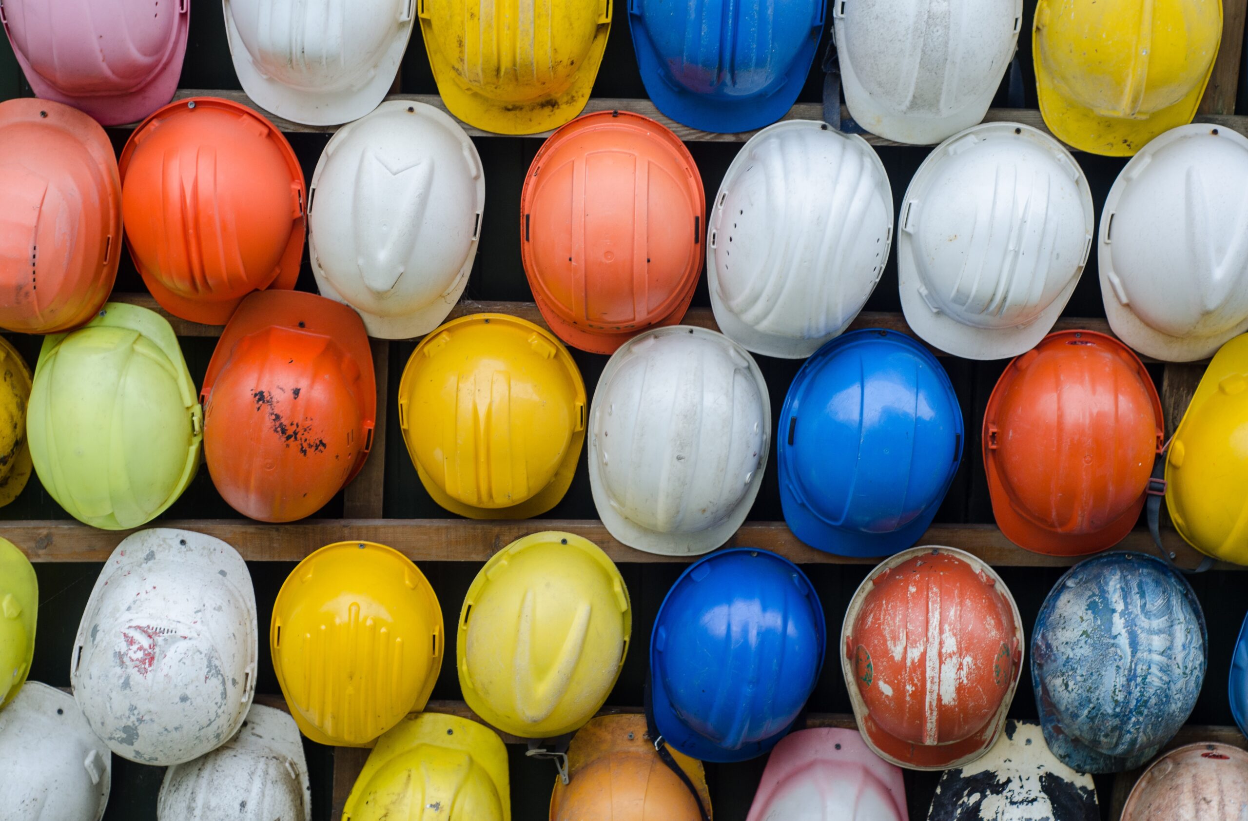 Hard hats on a wall